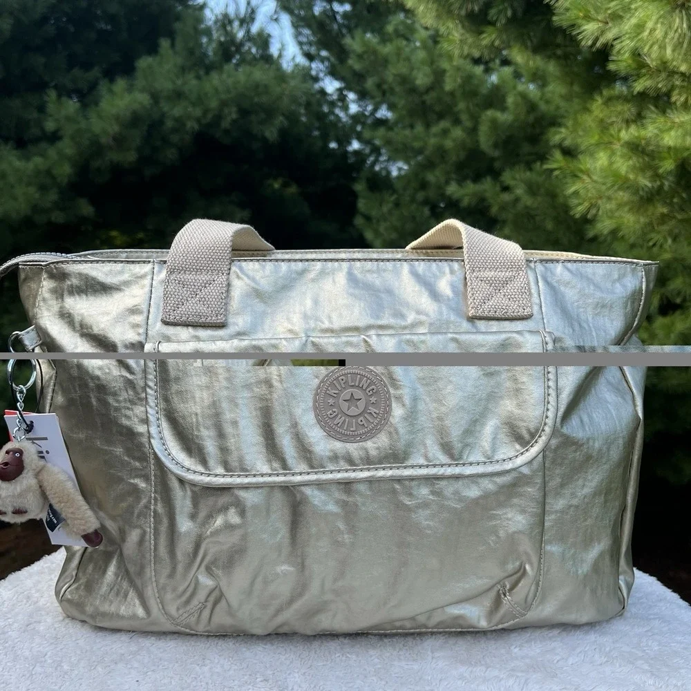 Kipling HB6279 Tote Bag Goldnbeige Metallic Gold NWT Monkey Large Shoulder Bag